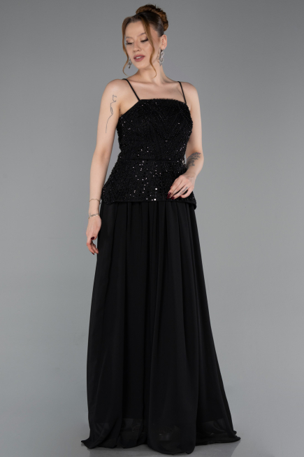 Robe de Soirée Longue Mousseline Noir ABU6076