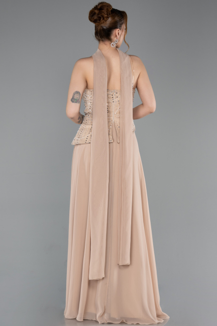 Robe de Soirée Longue Mousseline Beige ABU6081