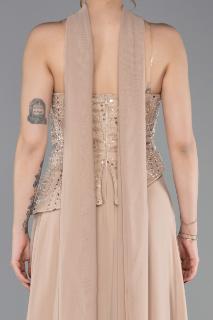 Robe de Soirée Longue Mousseline Beige ABU6081