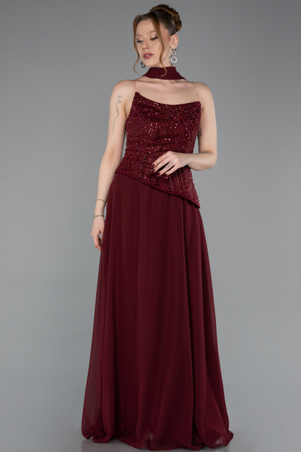 Robe de Soirée Longue Mousseline Rouge Bordeaux ABU6081