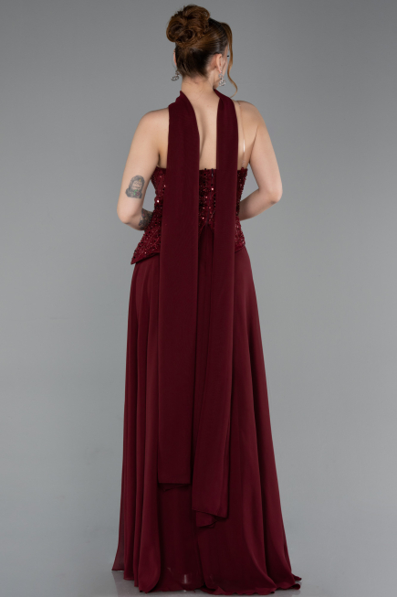 Robe de Soirée Longue Mousseline Rouge Bordeaux ABU6081