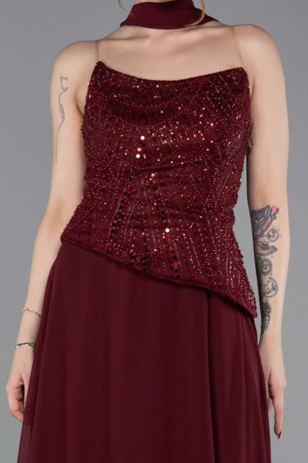 Robe de Soirée Longue Mousseline Rouge Bordeaux ABU6081