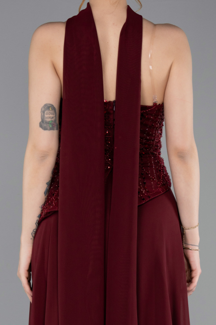 Robe de Soirée Longue Mousseline Rouge Bordeaux ABU6081