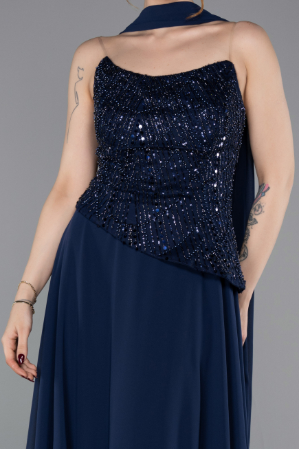 Robe de Soirée Longue Mousseline Bleu Marine ABU6081