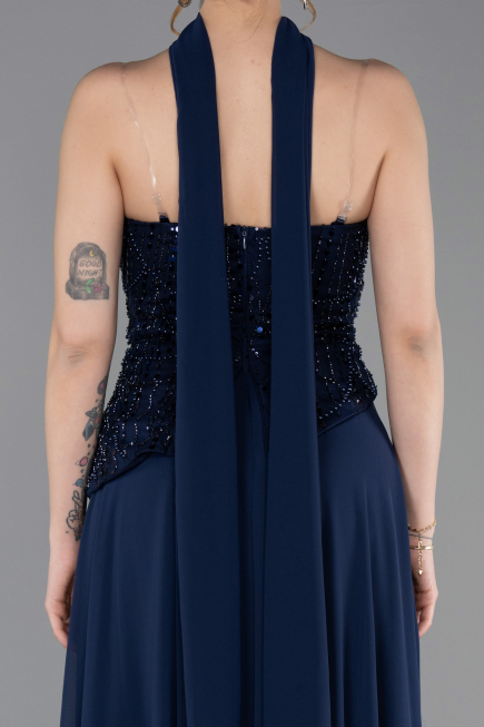 Robe de Soirée Longue Mousseline Bleu Marine ABU6081