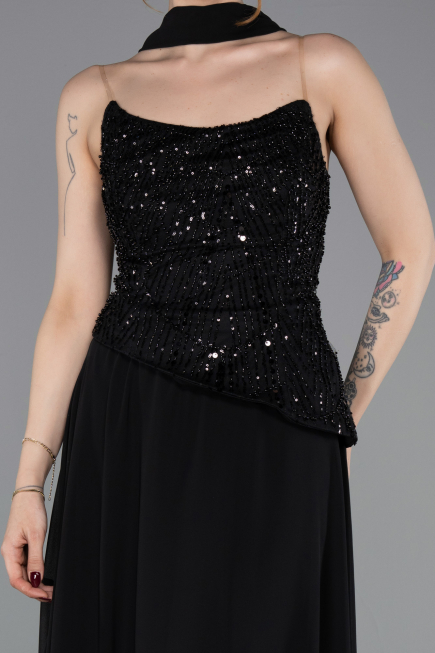 Robe de Soirée Longue Mousseline Noir ABU6081