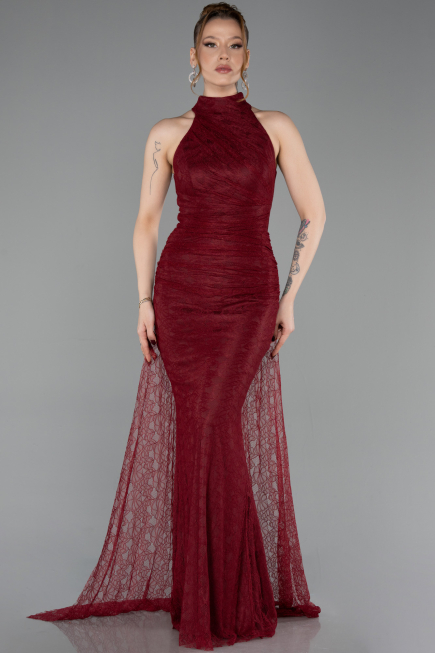 Robe de Soirée Longue Dantelle Rouge Bordeaux ABU6084