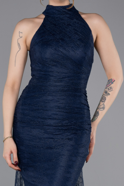 Robe de Soirée Longue Dantelle Bleu Marine ABU6084