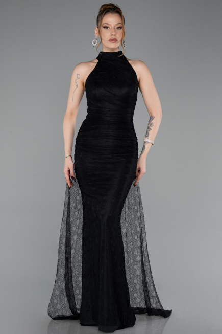Robe de Soirée Longue Dantelle Noir ABU6084