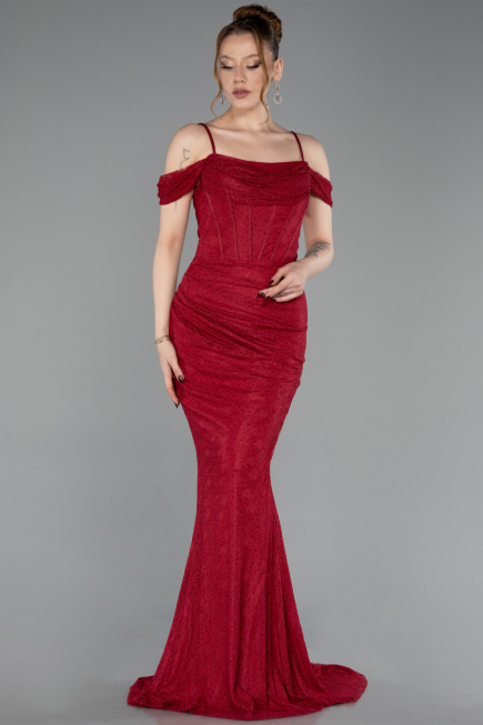 Robe de Soirée Longue Dantelle Rouge Bordeaux ABU6085
