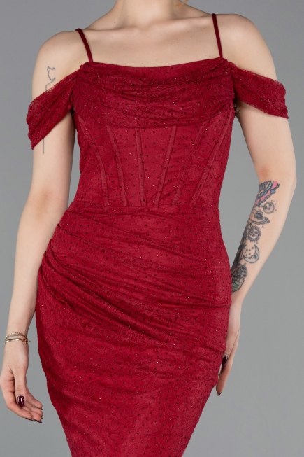 Robe de Soirée Longue Dantelle Rouge Bordeaux ABU6085