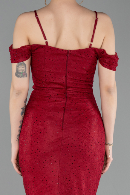 Robe de Soirée Longue Dantelle Rouge Bordeaux ABU6085