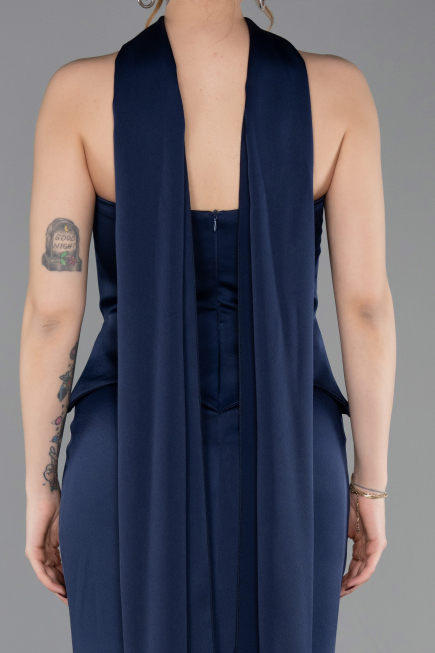 Robe Queue de Poisson Longue Satin Bleu Marine ABU6086
