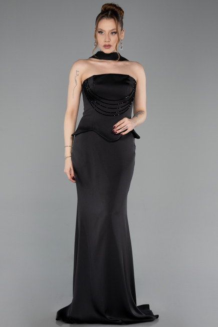 Robe Queue de Poisson Longue Satin Noir ABU6086