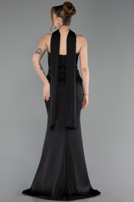 Robe Queue de Poisson Longue Satin Noir ABU6086