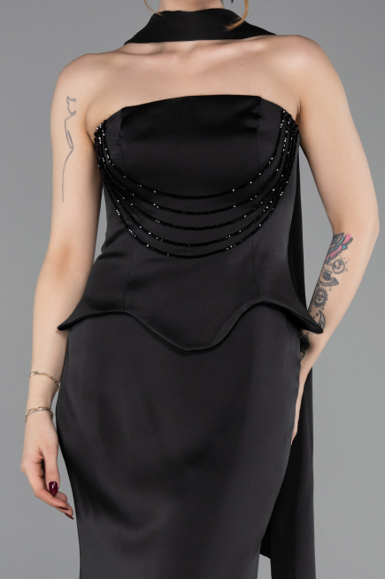 Robe Queue de Poisson Longue Satin Noir ABU6086