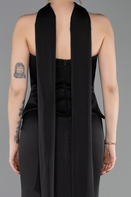 Robe Queue de Poisson Longue Satin Noir ABU6086