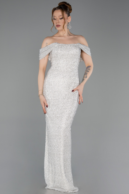 Robe de Soirée Longue Perlé Beige ABU6057