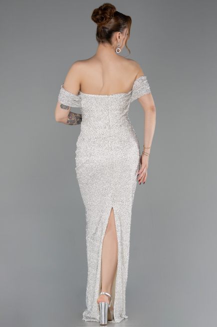 Robe de Soirée Longue Perlé Beige ABU6057