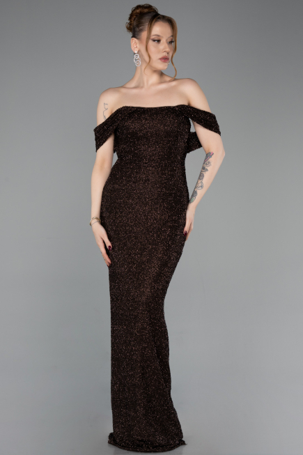 Robe de Soirée Longue Perlé Brun ABU6057