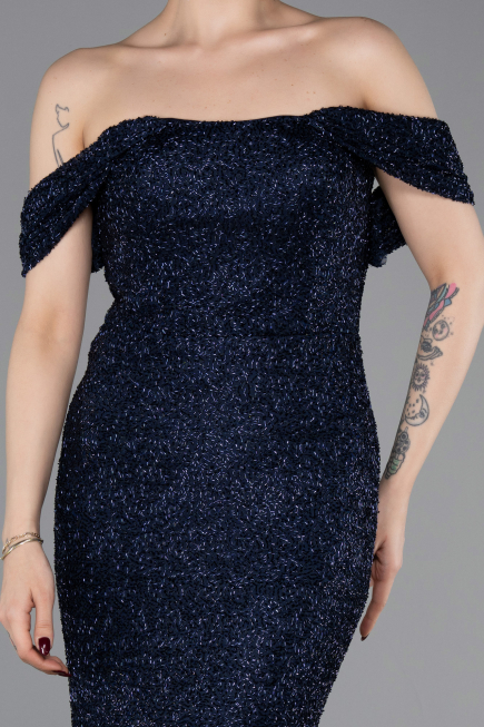 Robe de Soirée Longue Perlé Bleu Marine ABU6057