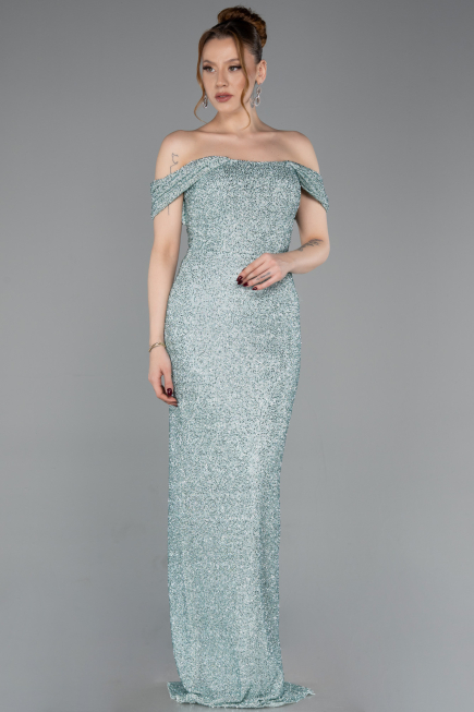 Robe de Soirée Longue Perlé Menthe ABU6057