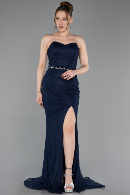 Robe de Soirée Longue Dantelle Bleu Marine ABU6060