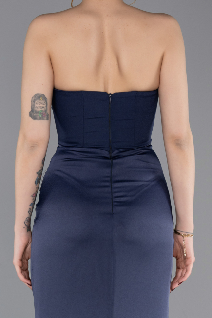 Robe de Soirée Longue Satin Bleu Marine ABU6061