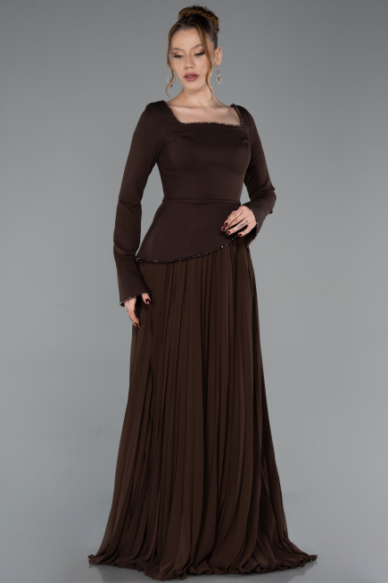 Robe de Soirée Longue Mousseline Brun ABU6088