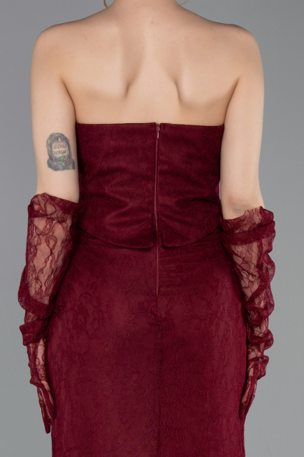 Robe de Soirée Longue Dantelle Rouge Bordeaux ABU6089