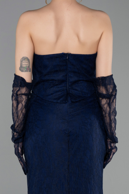 Robe de Soirée Longue Dantelle Bleu Marine ABU6089
