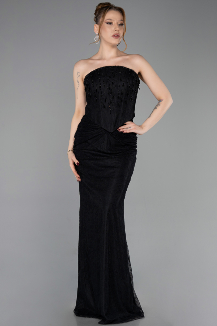 Robe de Soirée Longue Dantelle Noir ABU6089