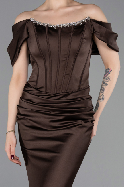 Robe Queue de Poisson Longue Satin Brun ABU6090