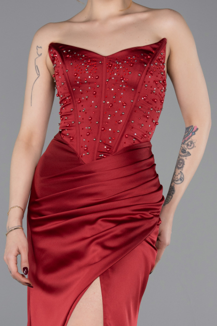 Robe de Soirée Longue Satin Rouge Bordeaux ABU6091