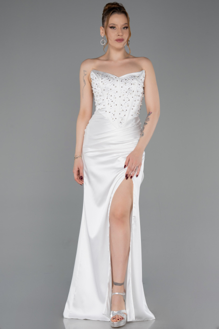 Robe de Soirée Longue Satin Blanc ABU6091
