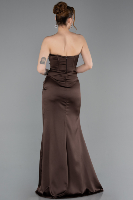 Robe de Soirée Longue Satin Brun ABU6091
