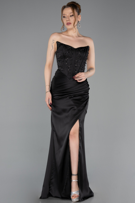 Robe de Soirée Longue Satin Noir ABU6091