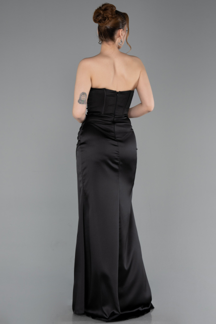 Robe de Soirée Longue Satin Noir ABU6091