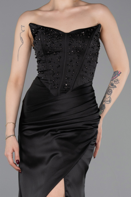 Robe de Soirée Longue Satin Noir ABU6091