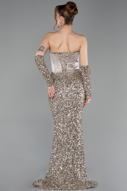 Robe de Soirée Longue Squameuse Beige ABU6041