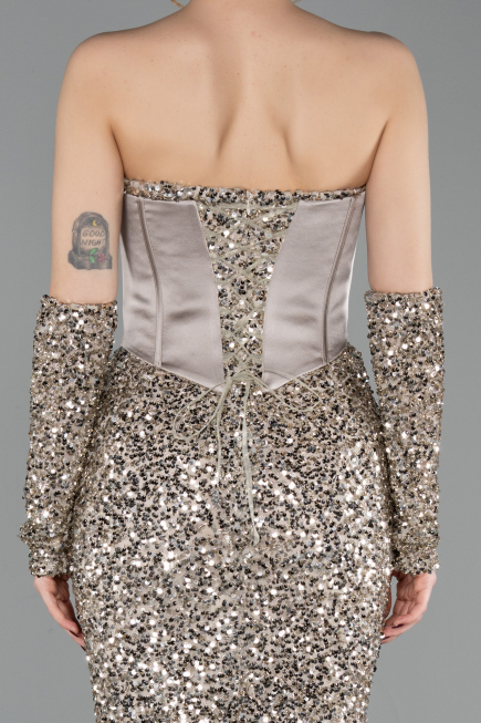 Robe de Soirée Longue Squameuse Beige ABU6041