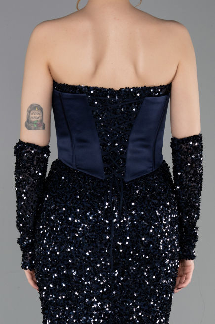 Robe de Soirée Longue Squameuse Bleu Marine ABU6041