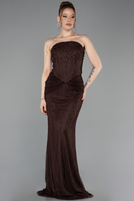 Robe de Soirée Longue Dantelle Brun ABU6089
