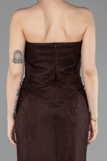 Robe de Soirée Longue Dantelle Brun ABU6089