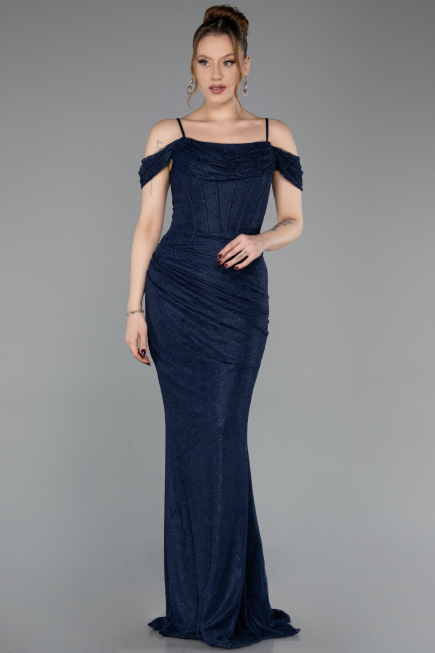 Robe de Soirée Longue Dantelle Bleu Marine ABU6085