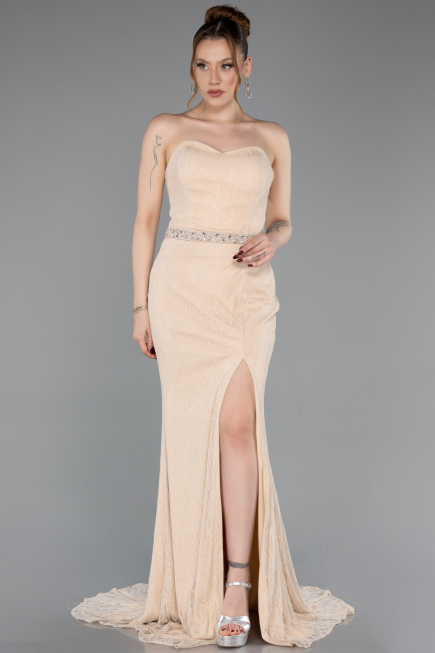 Robe de Soirée Longue Dantelle Beige ABU6060