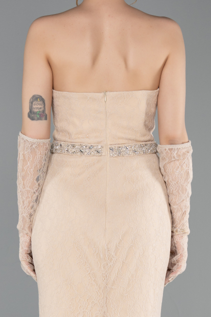 Robe de Soirée Longue Dantelle Beige ABU6060
