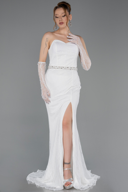 Robe de Soirée Longue Dantelle Blanc ABU6060