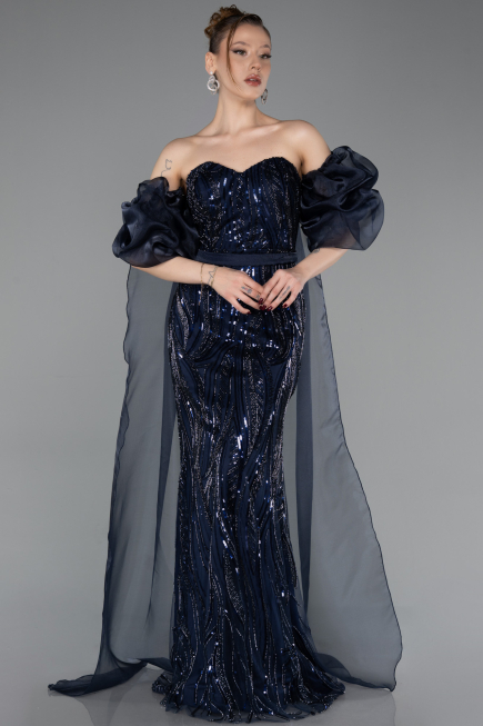 Robe de Soirée Longue Squameuse Bleu Marine ABU6099