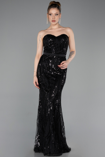 Robe de Soirée Longue Squameuse Noir ABU6099